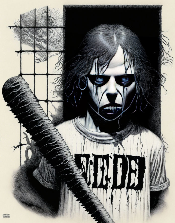 Monochrome illustration of disheveled character with face paint and barbed wire baseball bat