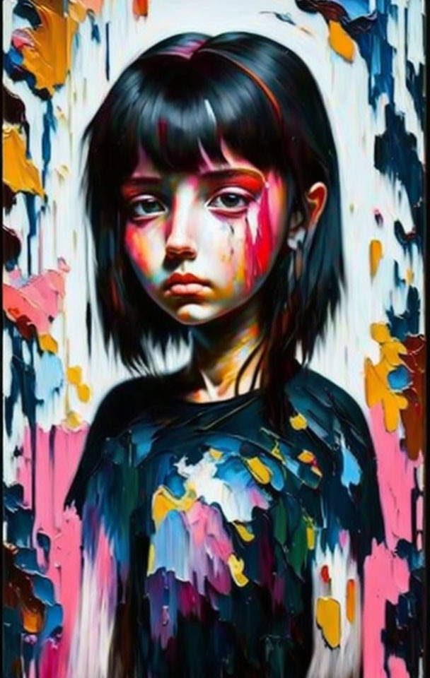 Melancholic girl with black hair and colorful streaks in a vivid painting