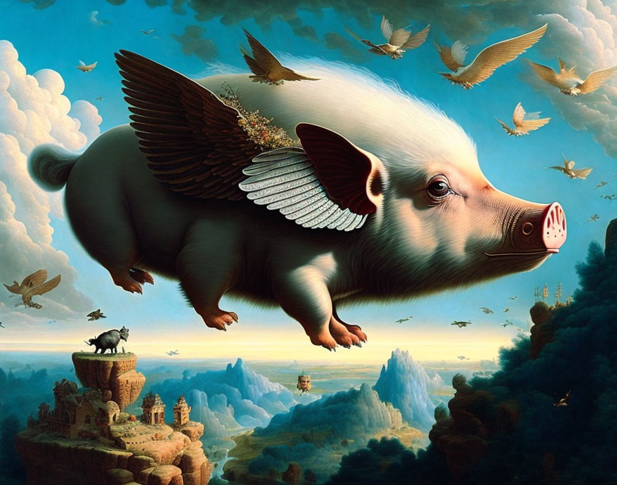 Surreal painting: Winged pig flying over cliffs and ruins