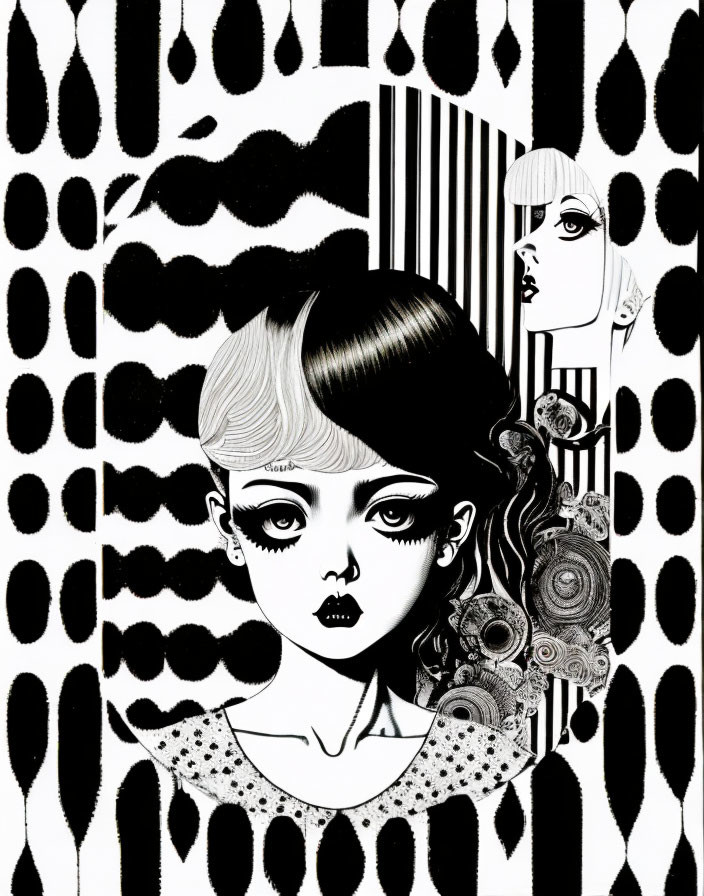 Abstract black and white illustration of stylized female faces with intricate details.