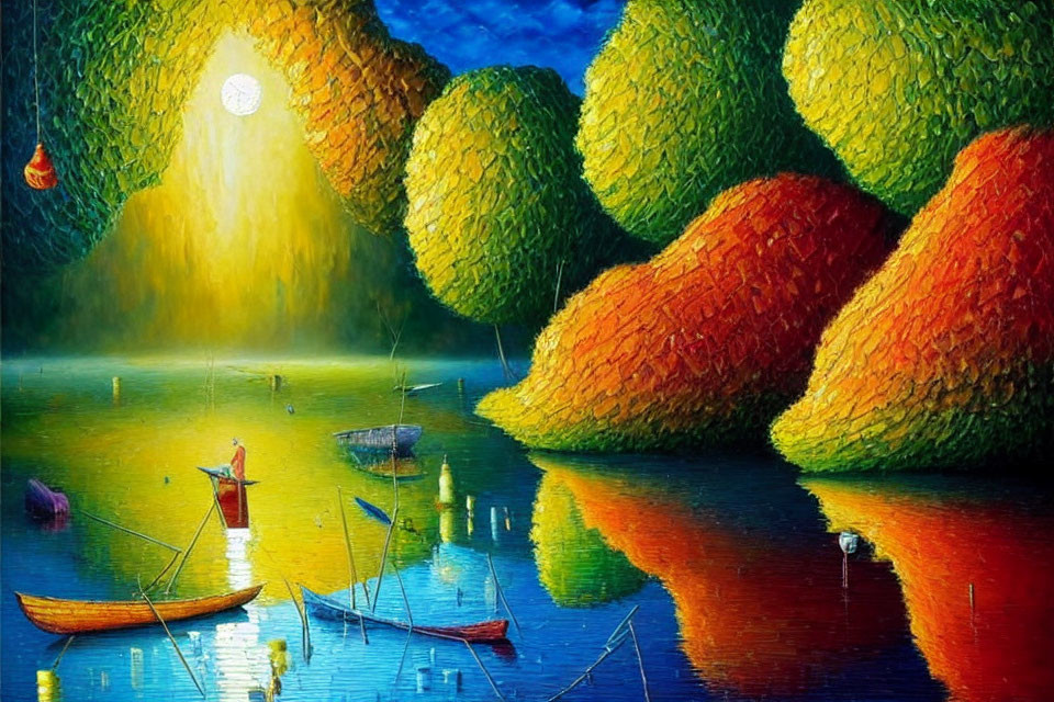 Colorful painting of fisherman in boat on calm river with vibrant trees and oversized sun