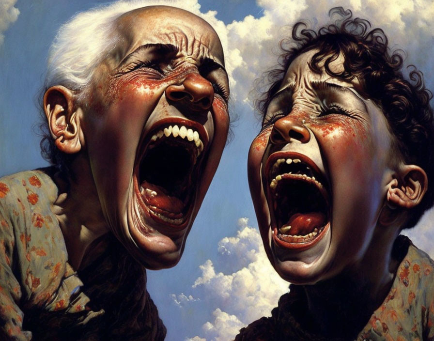 Elderly woman and young boy with exaggerated expressions screaming passionately