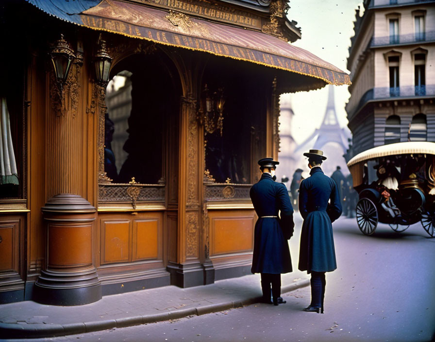 Uniformed officers talk near ornate building entrance with horse-drawn carriage.