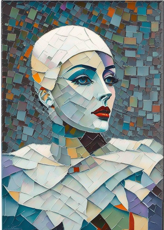 Geometric mosaic portrait of a woman in cool blues and greens