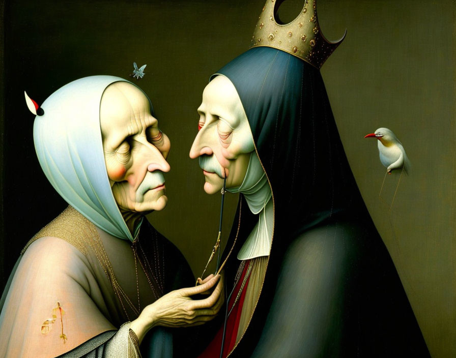 Elderly figures with exaggerated features in surrealistic painting