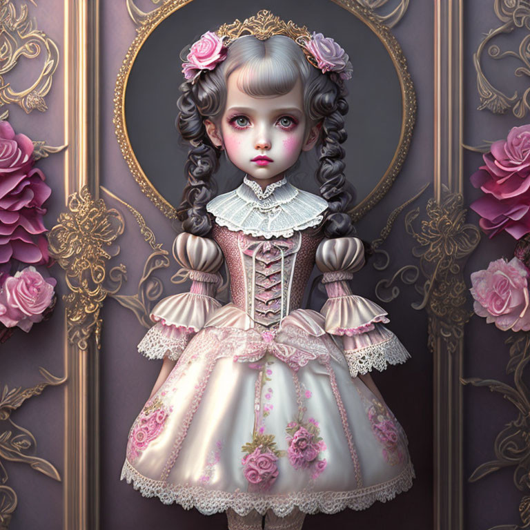 Digital art portrait of doll-like girl with large eyes, braided hair, vintage pink dress, roses