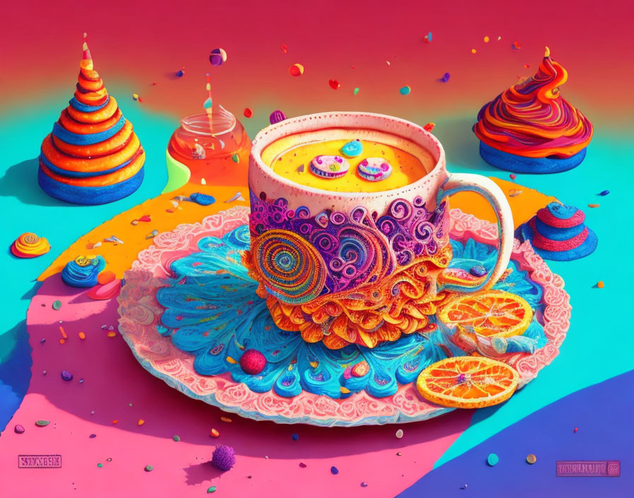 Colorful Artwork: Cup on Mandala Doily with Candy Landscapes