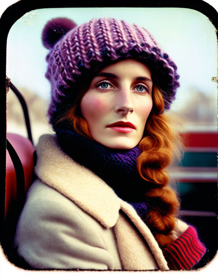 Red-haired woman in purple hat and beige scarf with vintage effect