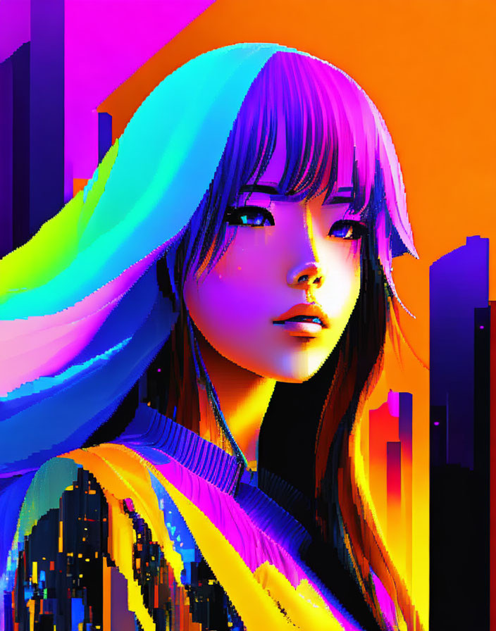 Colorful digital artwork: Person with vibrant aura in neon cityscape