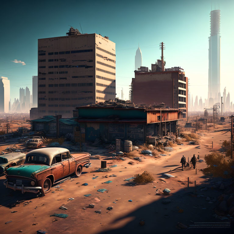 Derelict cityscape with old car, futuristic skyscrapers, and hazy sky