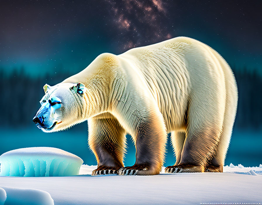 Digital artwork: Translucent polar bear in snowy landscape with aurora borealis