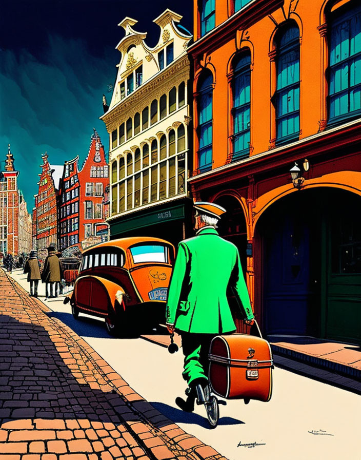 Person in Green Coat Walking Down Colorful Street with Vintage Cars