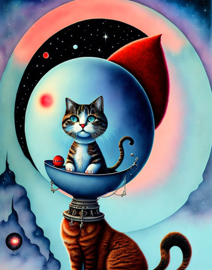 Whimsical blue-eyed cat in floating bubble with cosmic backdrop