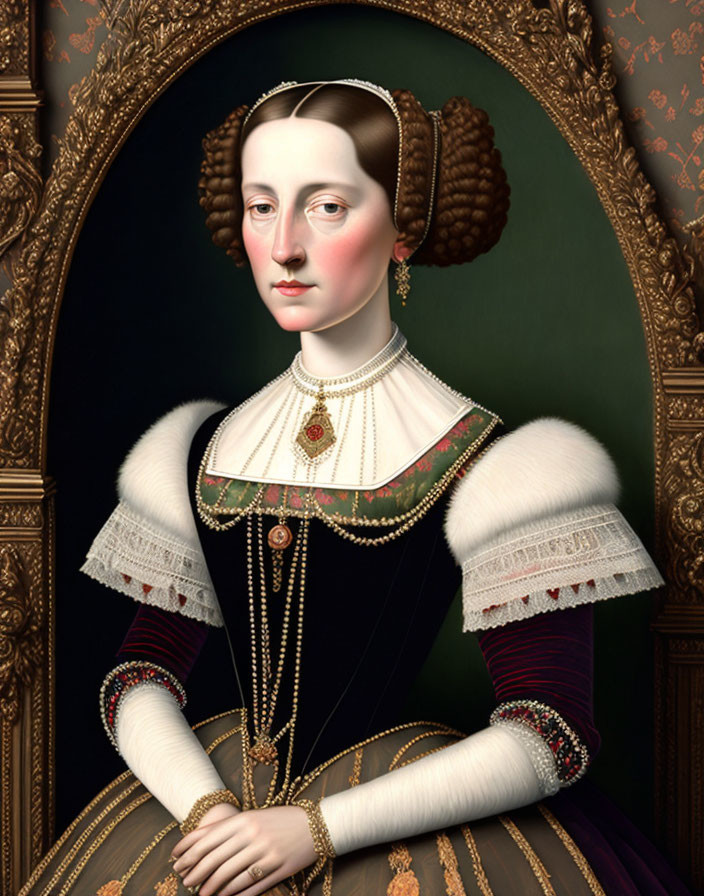 Detailed Tudor Era Woman Portrait with Jeweled High-Collared Dress