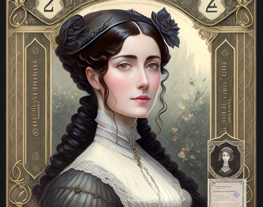 Victorian-era woman digital painting with dark hair and high-collared blouse