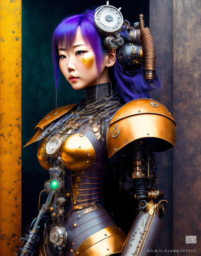 Purple-haired person in cyberpunk outfit with metallic elements on yellow and blue backdrop