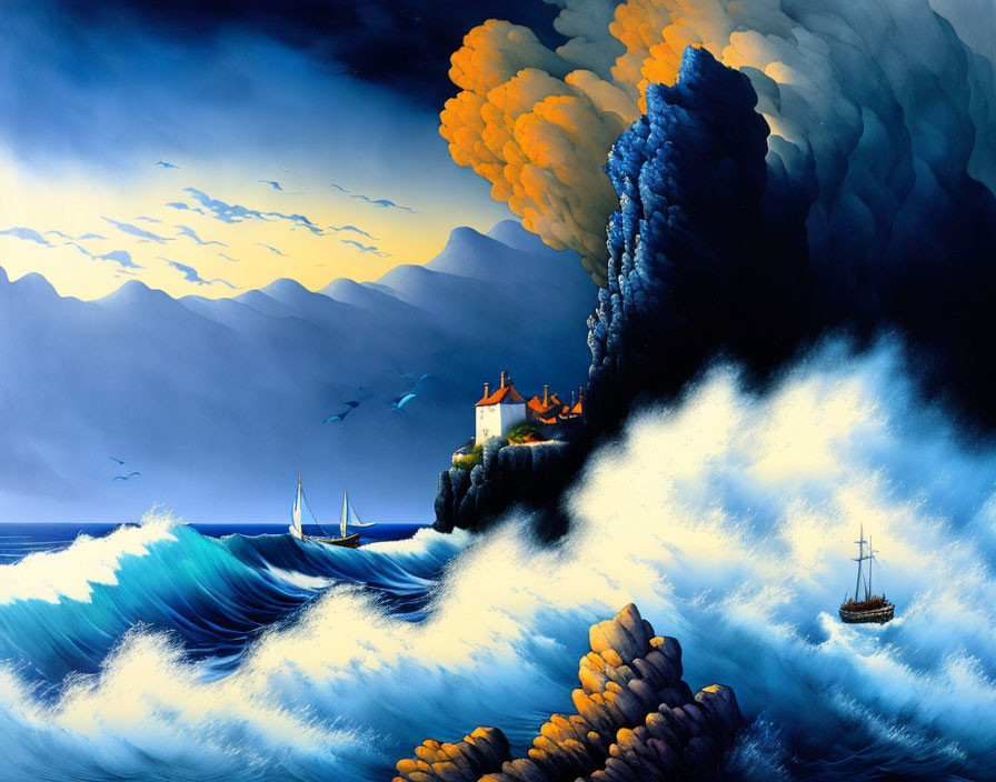 Colorful Coastal Scene: Lighthouse, Waves, Boats, and Sky