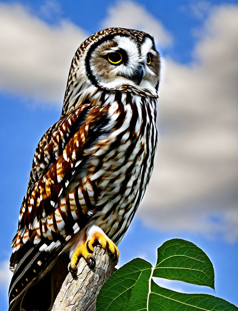 Brown and white owl with yellow eyes on branch under blue sky