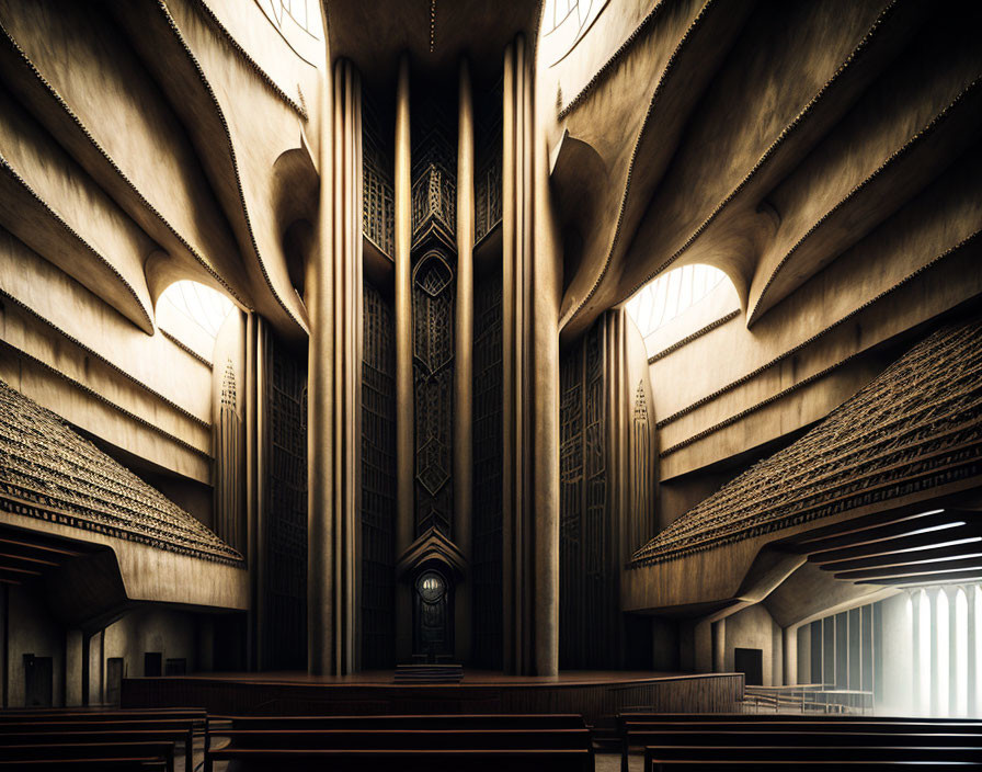 Grand modernist church interior with vaulted ceilings and robust columns