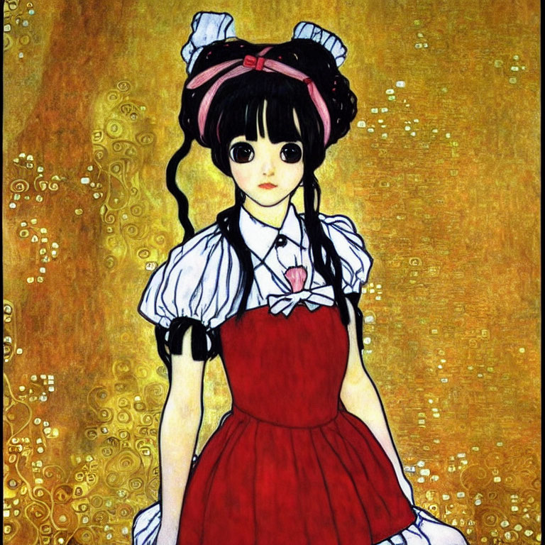 Illustration of girl in red and white outfit with bows, against golden background