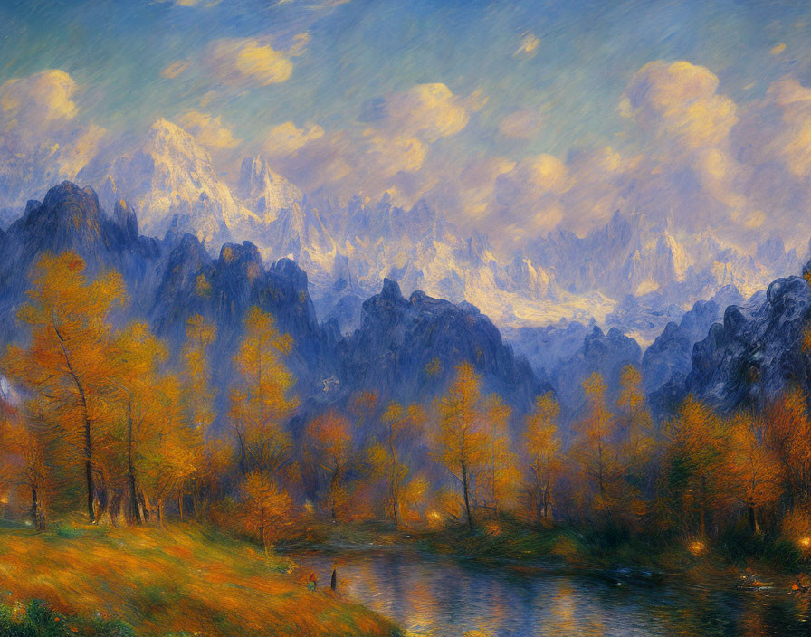 Autumn landscape painting with golden trees, river, mountains, and lone figure