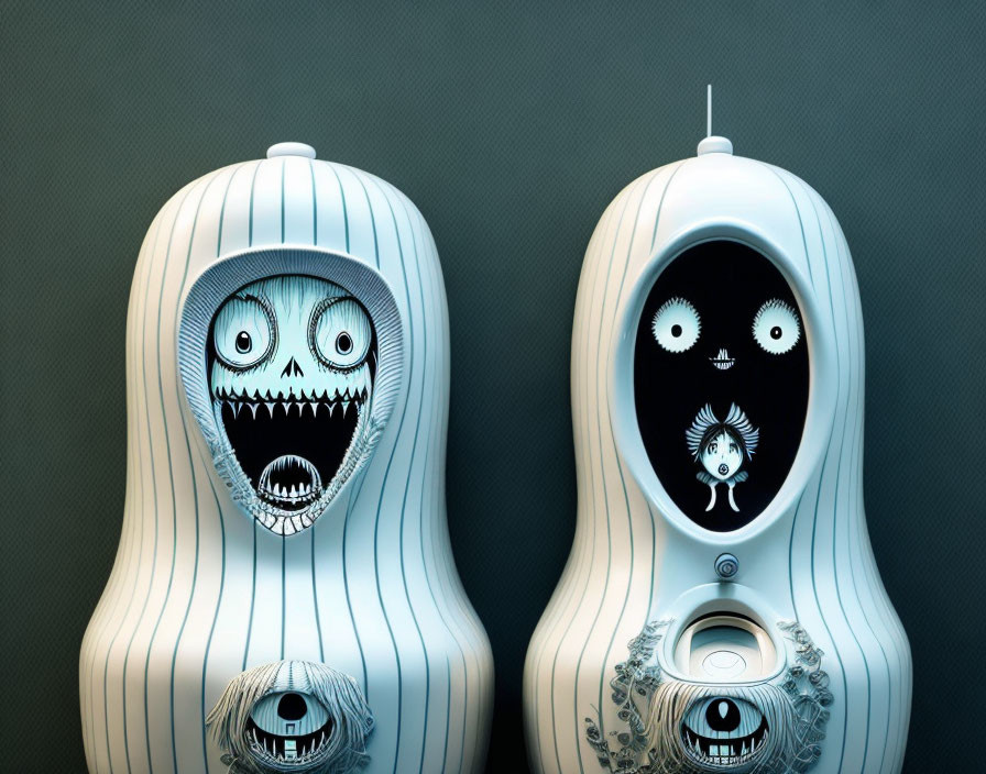 Stylized Matryoshka Dolls with Spooky Characters on Gray Background