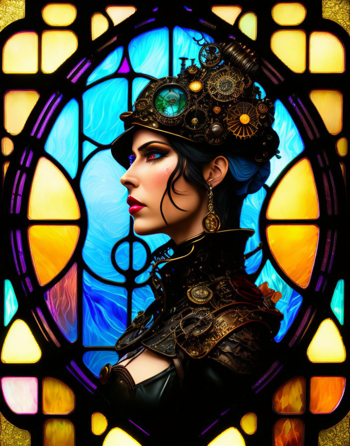 Steampunk-themed woman in cog accessories against stained glass backdrop