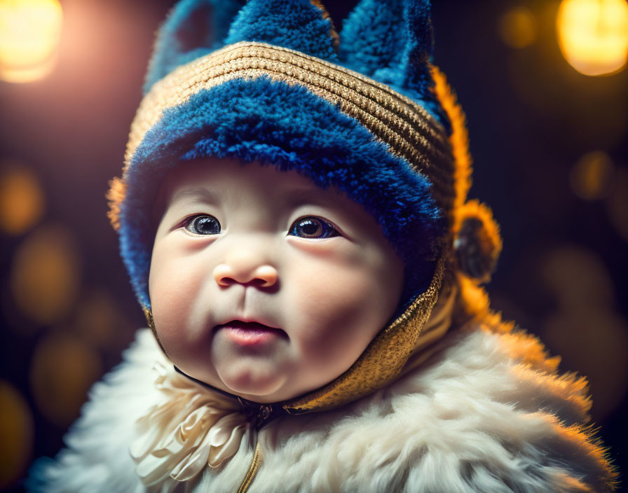 Blue Knitted Hat Baby in Fluffy White Coat with Bokeh Lights