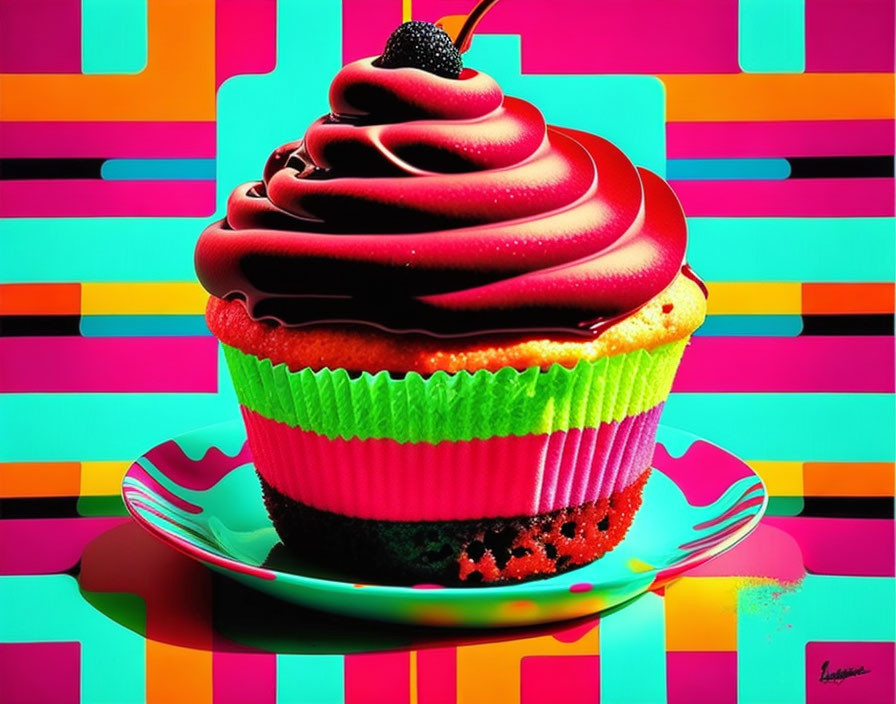 Colorful Cupcake with Chocolate Icing and Blackberry on Striped Background