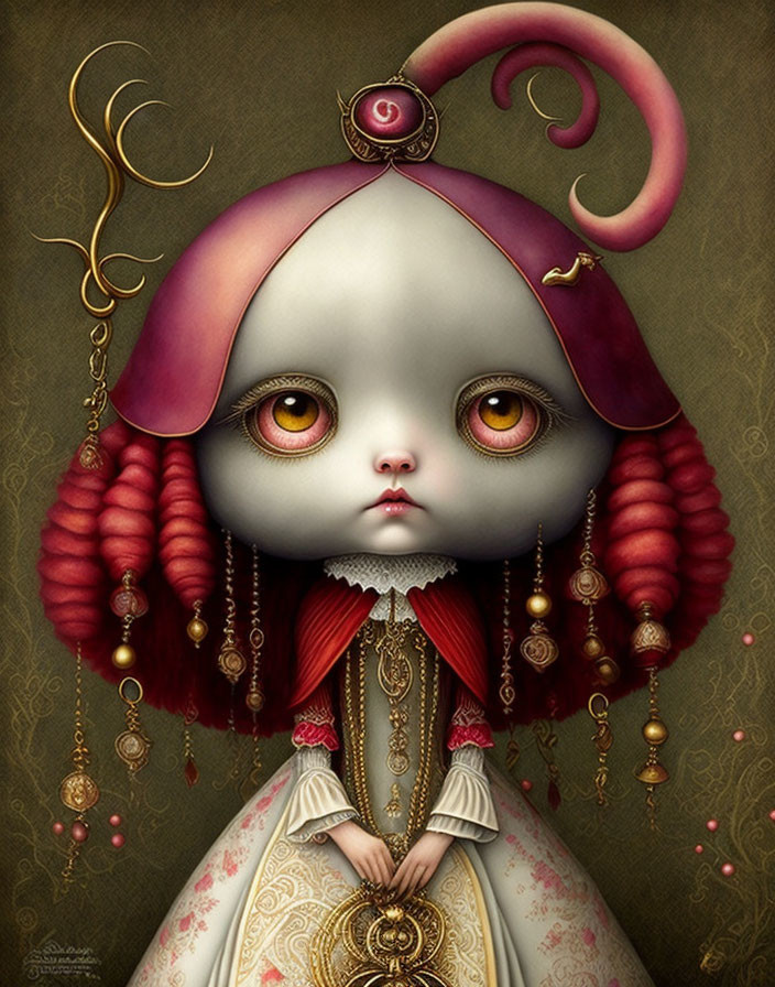 Surreal digital painting of doll-like girl with large eyes and ornate hair