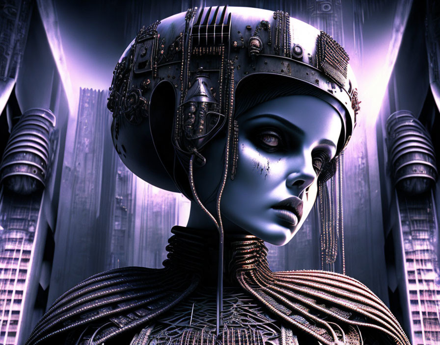 Futuristic female android with intricate headgear against purple structures and energy vortex