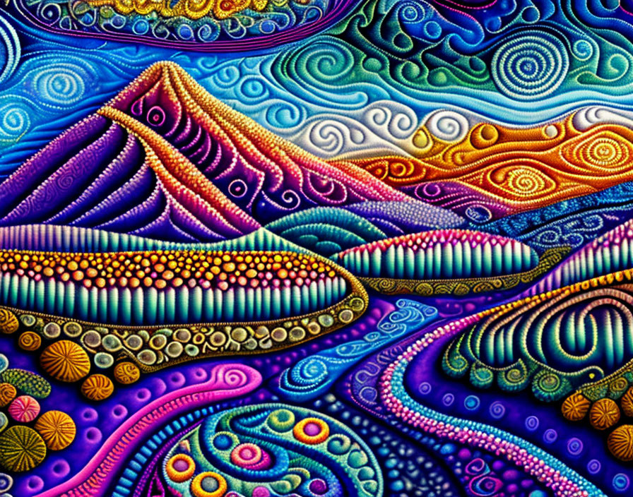 Colorful Psychedelic Artwork with Swirl Patterns and Abstract Landscapes