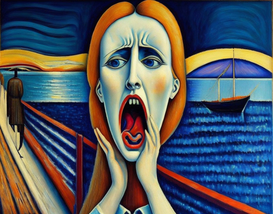 Abstract painting of screaming figure against ocean backdrop