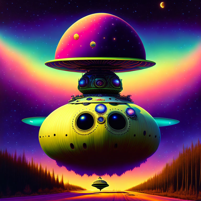 Colorful UFO and smaller ship in vibrant digital artwork