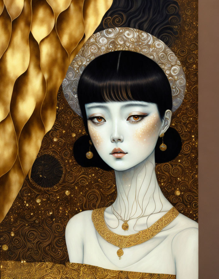 Illustration of woman with pale skin, dark hair, gold embellishments, white attire, intricate details