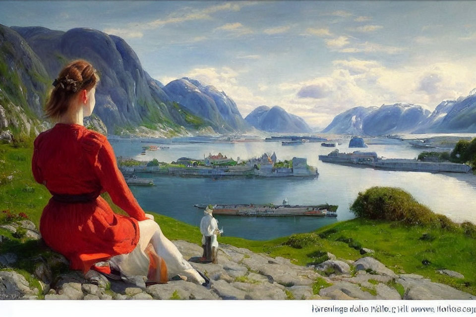 Woman in Red Dress Overlooking Serene Fjord and Boats