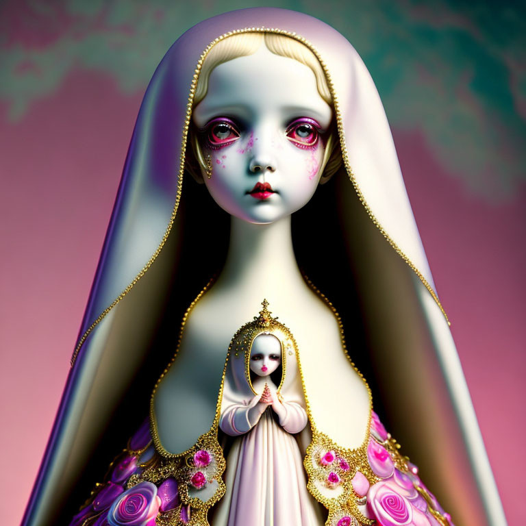 Layered doll-like figure with golden trim on pastel sky backdrop