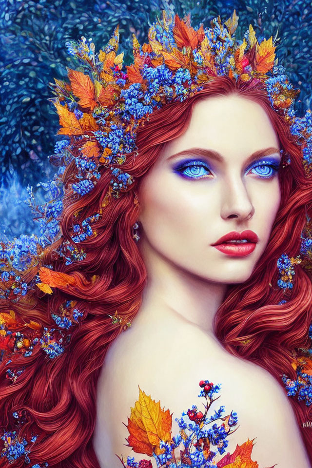 Woman with Red Hair, Autumn Leaf Crown, Blue Eyes, and Makeup