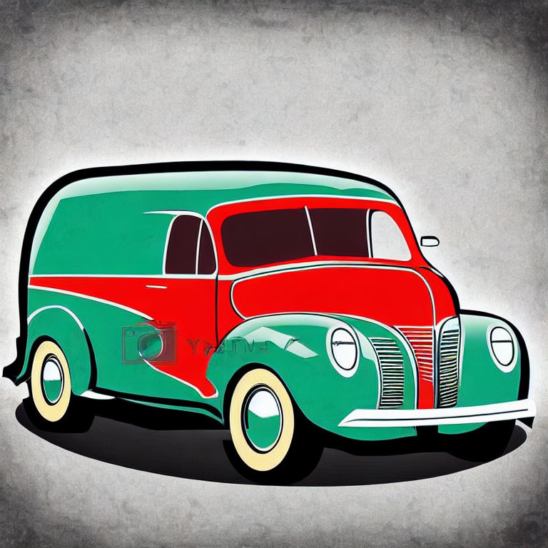 Colorful vintage van illustration on textured grey background