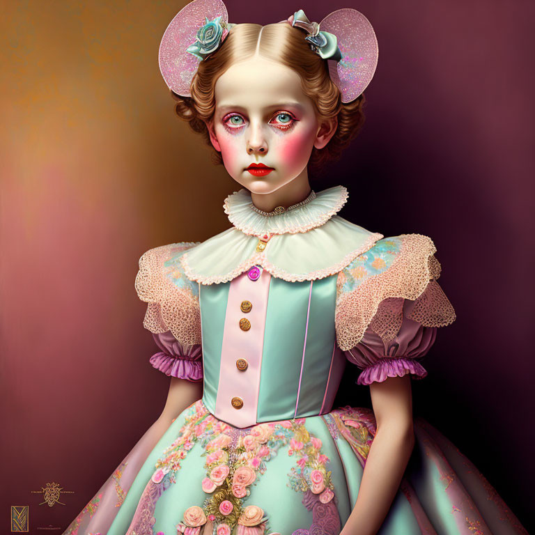 Digital Art Portrait of Girl with Oversized Bow and Victorian Dress