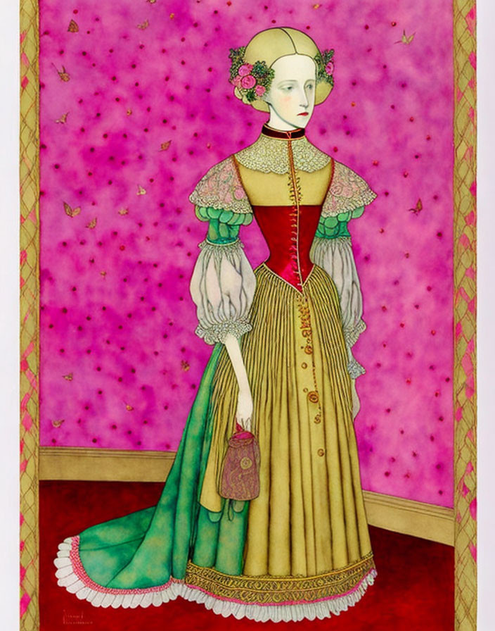 Detailed Elizabethan woman illustration in red butterfly-patterned dress.