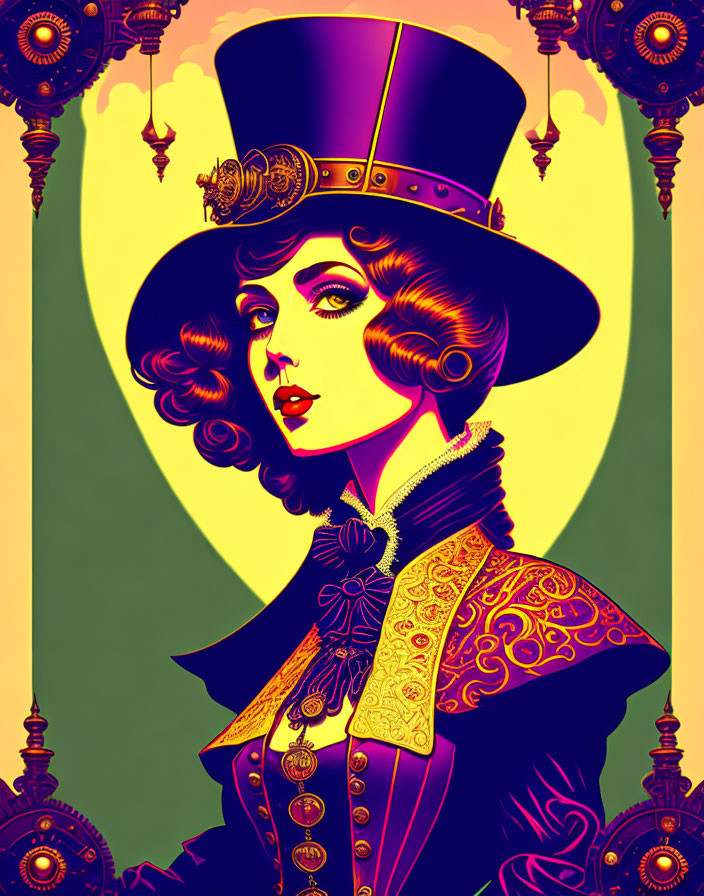 Victorian-inspired woman illustration with top hat and ruffled collar