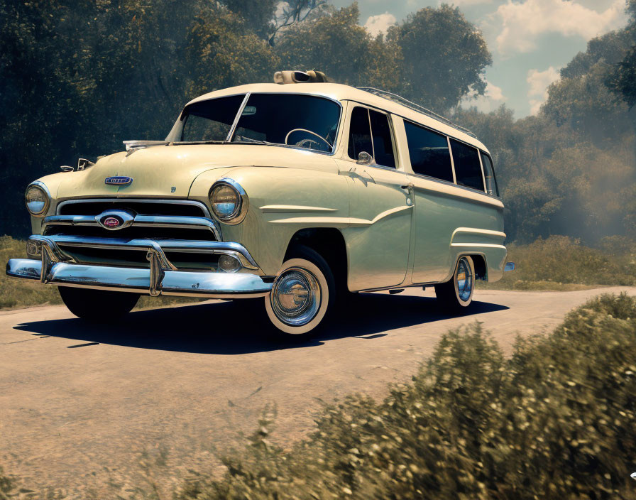 Vintage Yellow Station Wagon with Chrome Details and White-Wall Tires