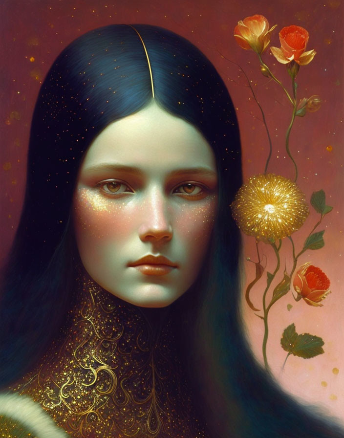 Surreal portrait of woman with dark hair and golden neck embellishments on red backdrop