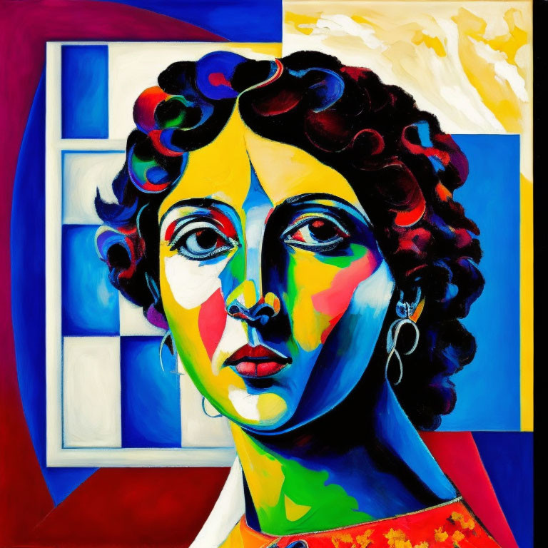 Vibrant abstract portrait of a woman with curly hair and intense gaze