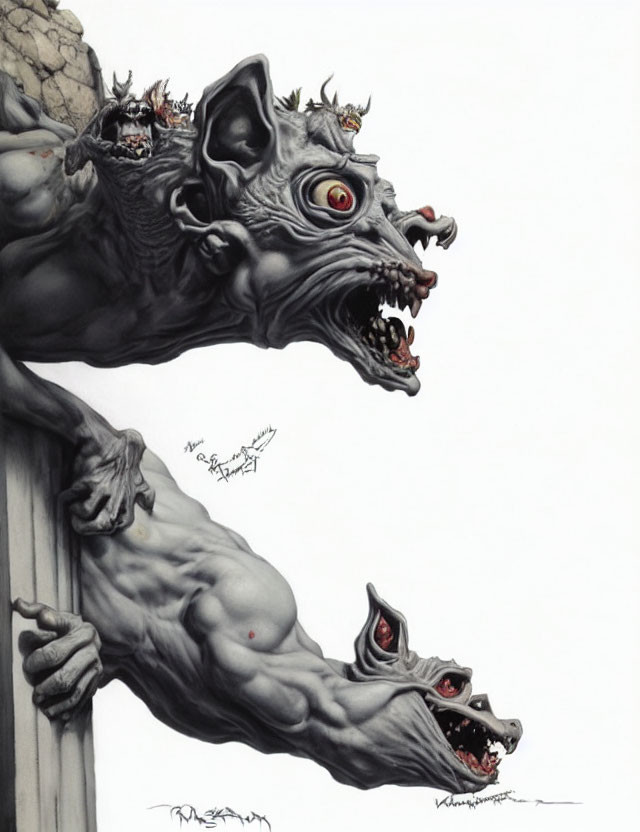 Monstrous grayscale creatures with muscular bodies and snarling canine-like heads