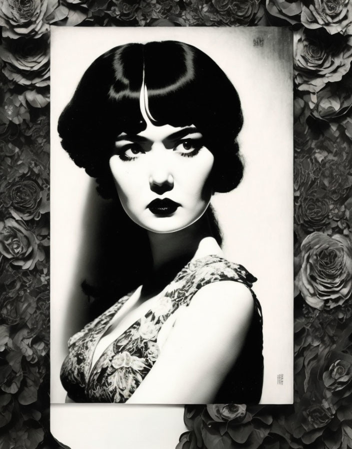 Vintage black and white portrait of a woman with 1920s bob haircut in rose-patterned frame