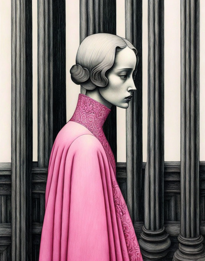 Illustration of woman with 1930s hair in pink cloak against striped pillars