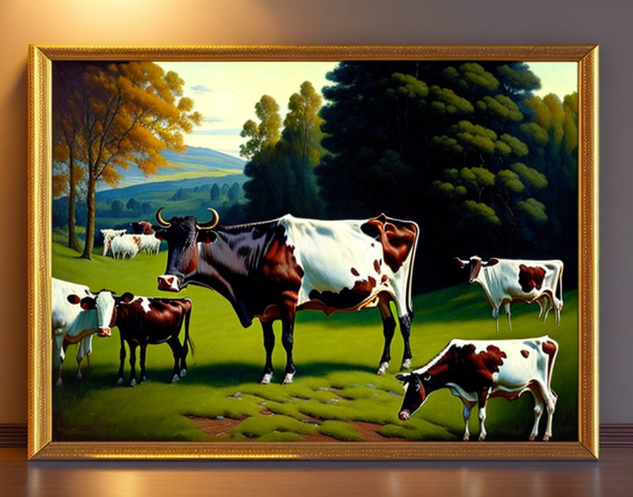 Framed painting of cows grazing in vibrant pastoral landscape