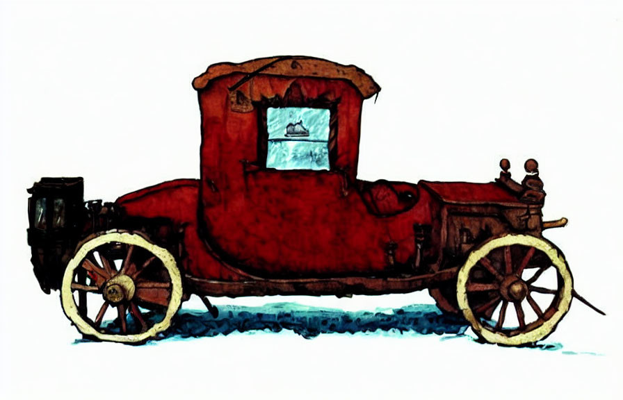 Vintage Red Car Illustration with Large Spoked Wheels and Carriage-Style Cabin